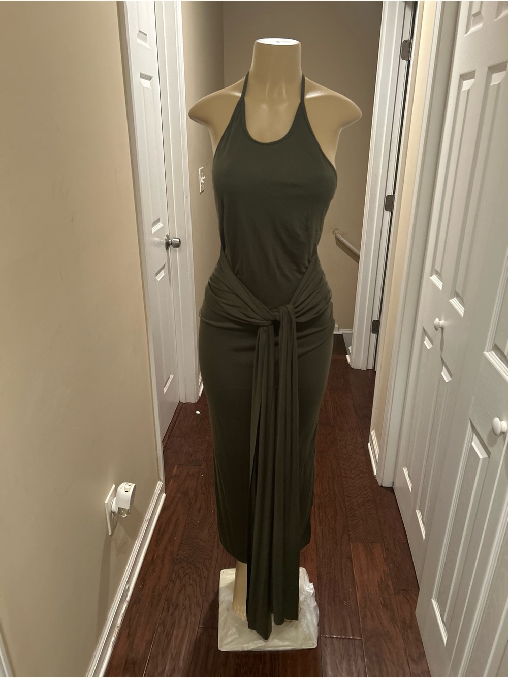 Halter Neck Olive Green Maxi Dress with Tie Waist